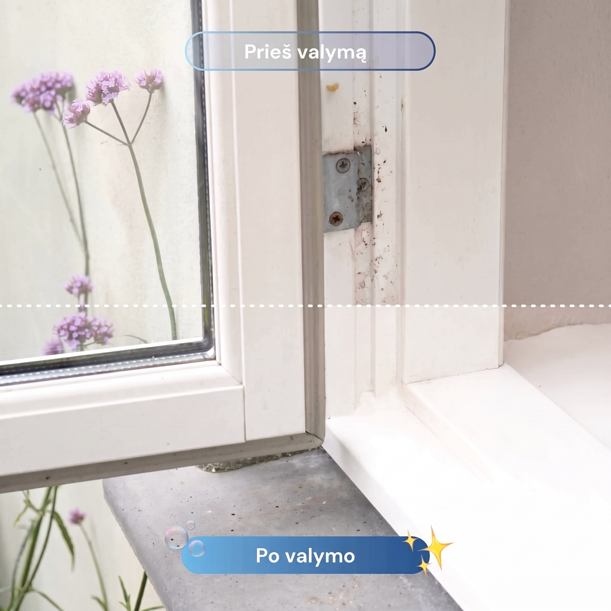 Lango rėmas prieš ir po valymo garų valytuvu